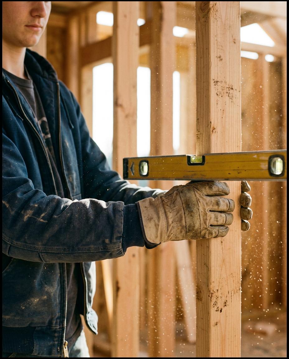 An apprentice in a work jacket checks a wall stud with a level inside a timber frame