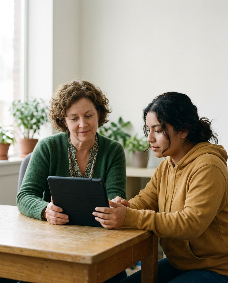 A case manager and a young woman look at a tablet together at a wooden table