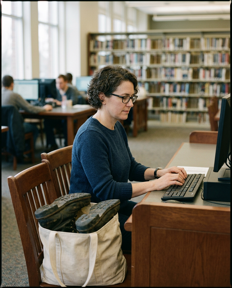 A woman works at a library computer, a canvas bag holding work boots on the chair beside her