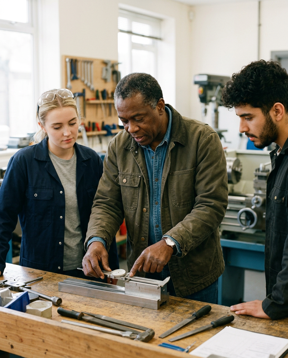 A trade-school instructor shows two apprentices how to read a measurement at a workbench