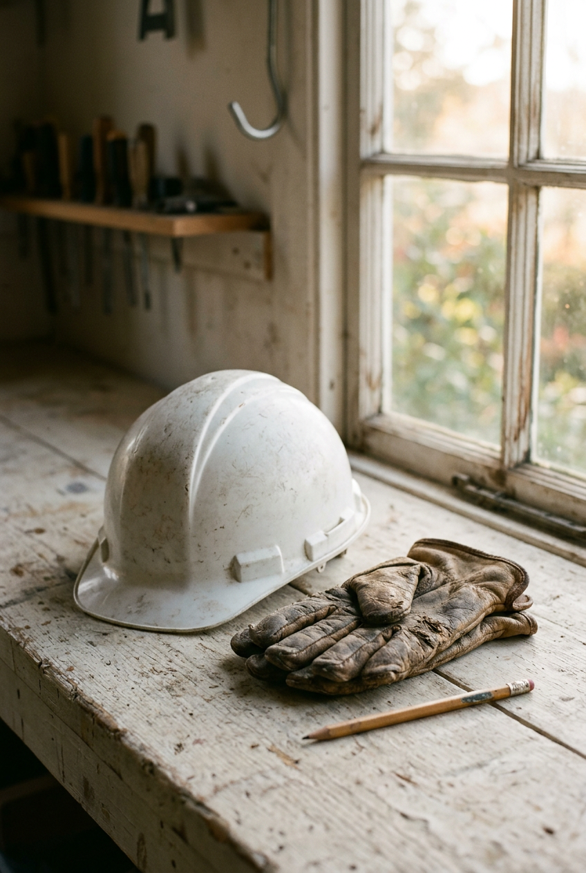 A white hard hat, worn leather gloves and a pencil on a workbench beside a window