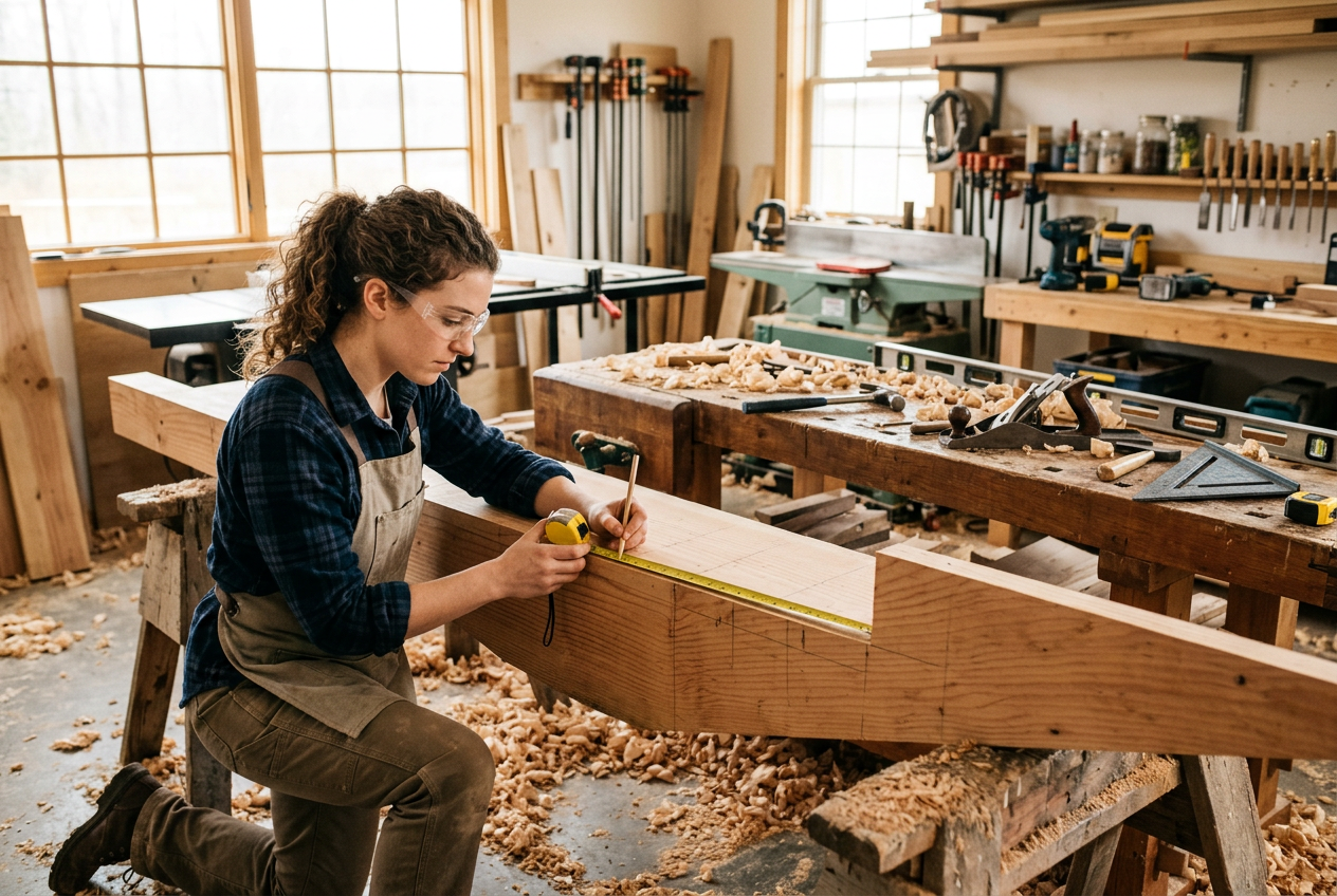 A woman in an apron measures a timber beam in a carpentry workshop