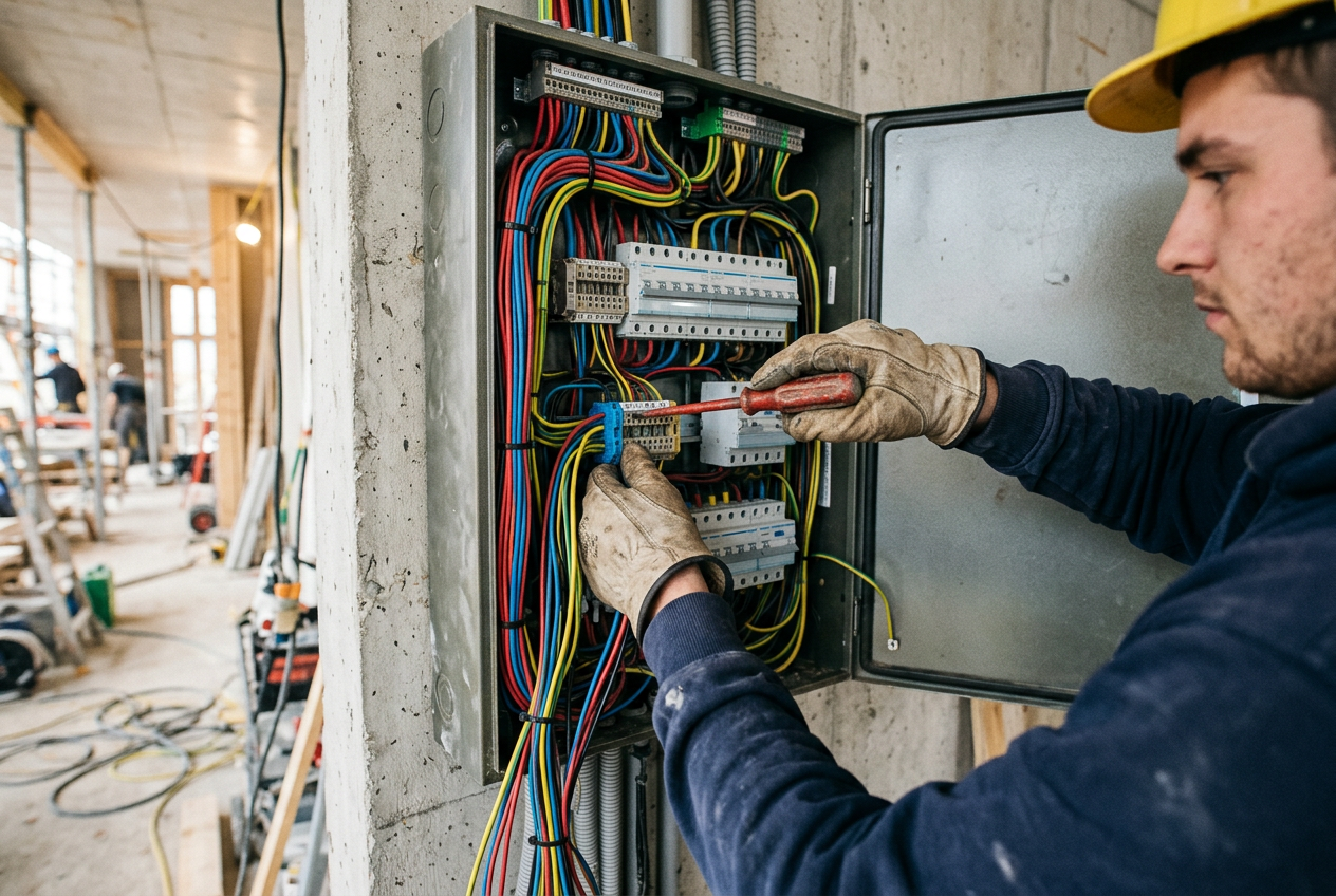 An apprentice in a yellow hard hat works on a wired electrical panel