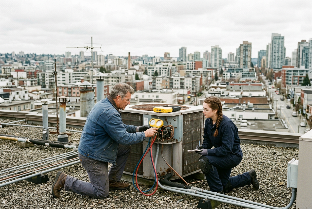 Two technicians kneel beside a rooftop air conditioning unit with a gauge set