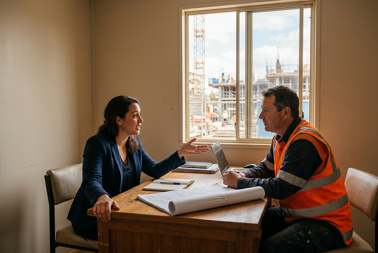 An advocate in a navy blazer speaks across a desk to a site manager in a hi-vis vest, a blueprint between them