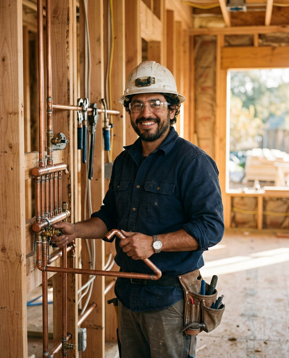 A smiling apprentice in a hard hat holds copper pipe fittings in a house frame