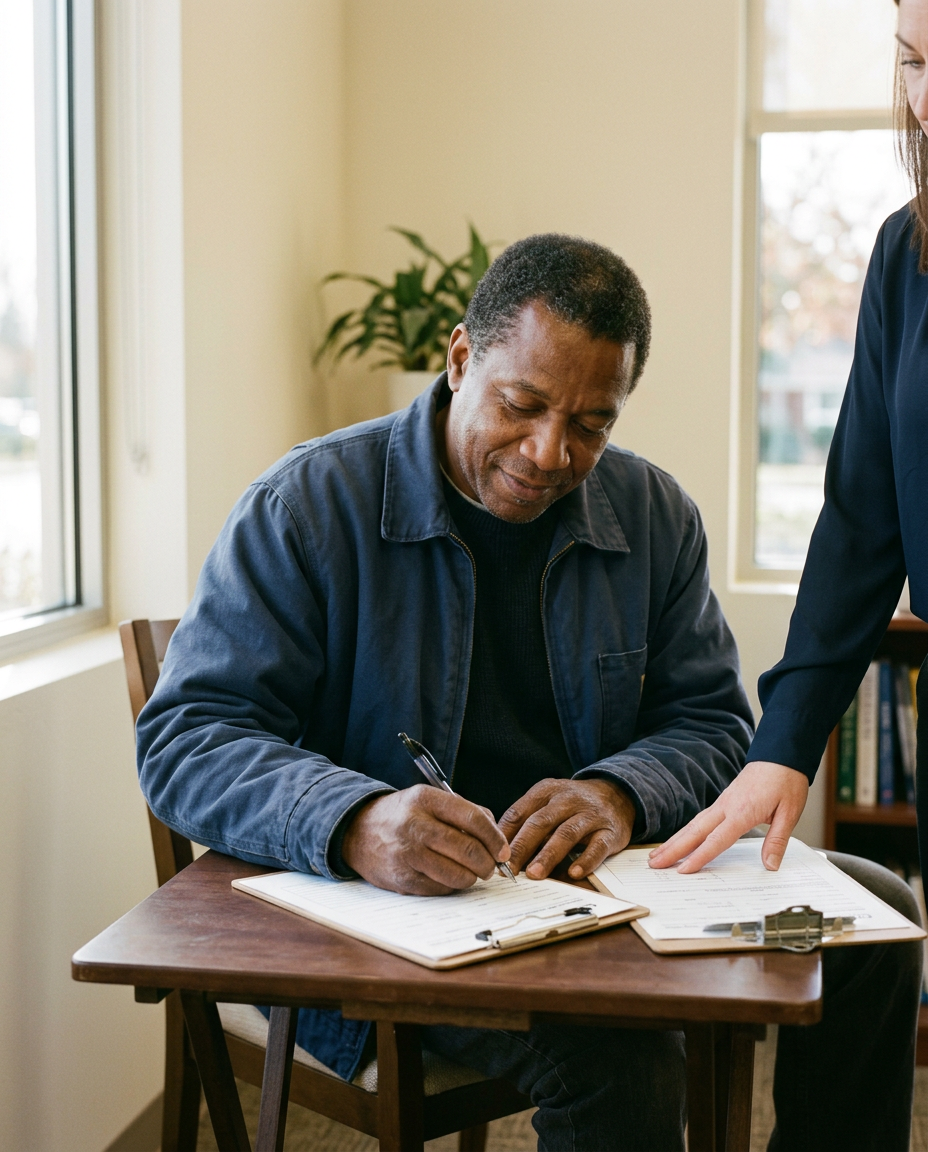 A man in a work jacket fills in a form on a clipboard while a case manager stands beside him